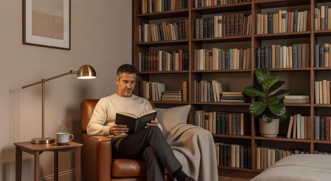 Rincón de lectura acogedor con sillón de cuero premium, lámpara de lectura ajustable y manta de cachemira en salón de diseño