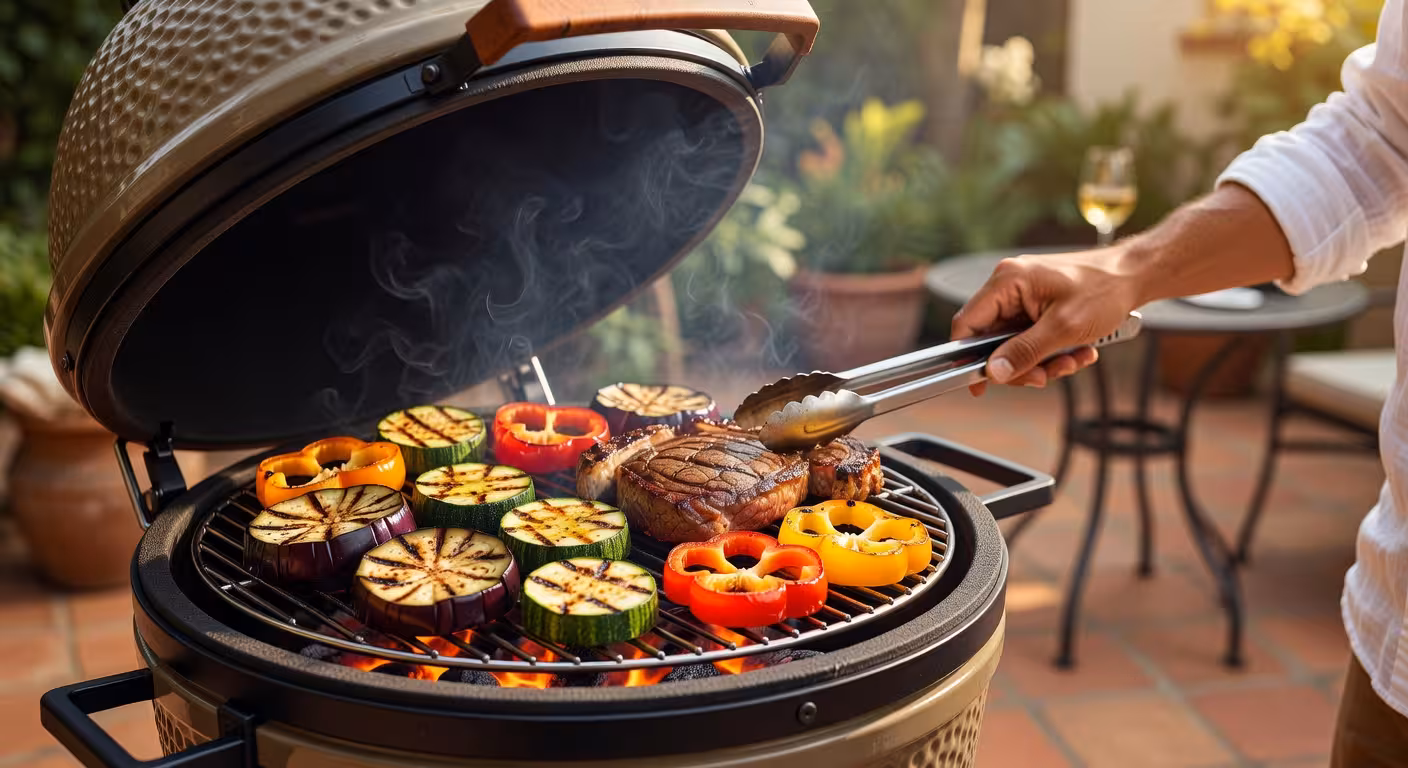 Verduras y carne perfectamente asadas en parrilla kamado con marcas de cocción