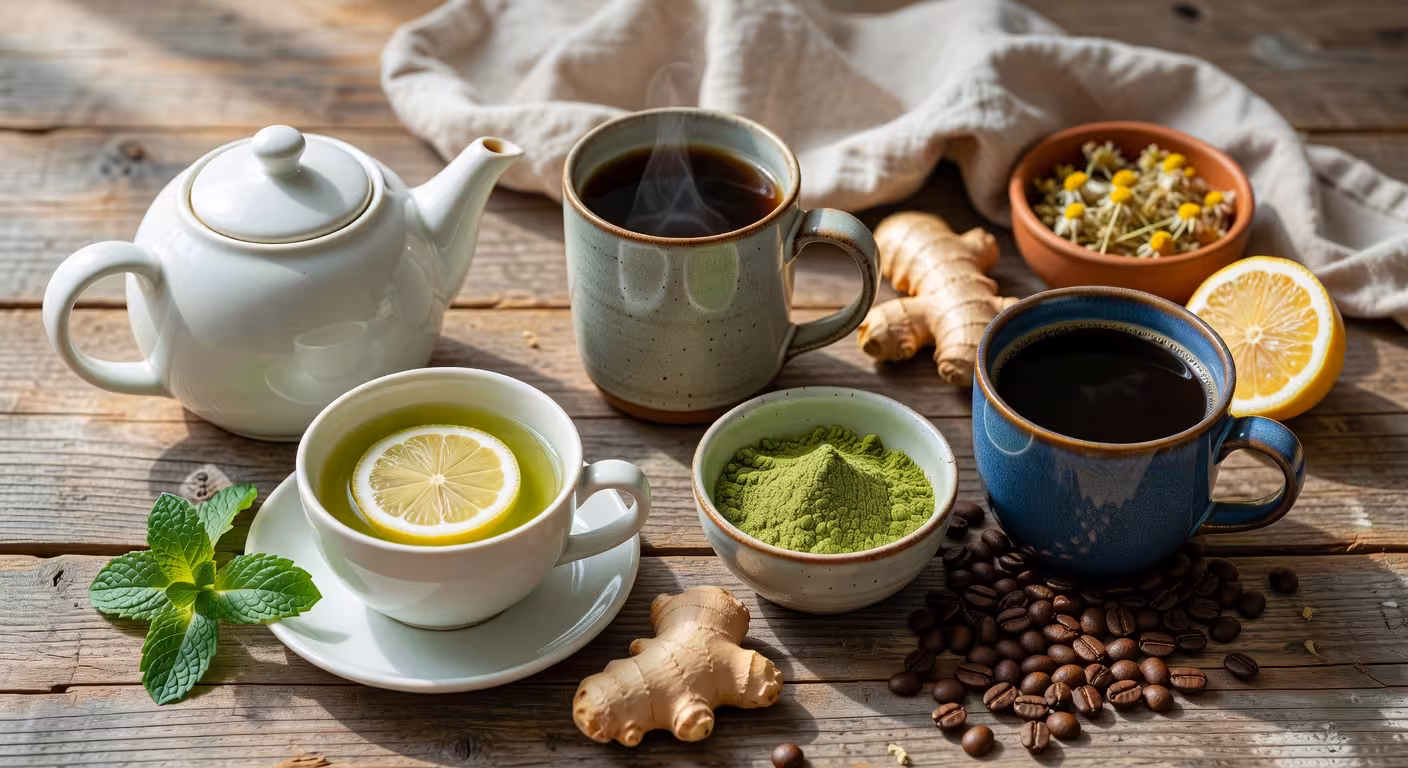 Variedad de tés y café mostrando diferentes opciones de bebidas ricas en antioxidantes para el bienestar