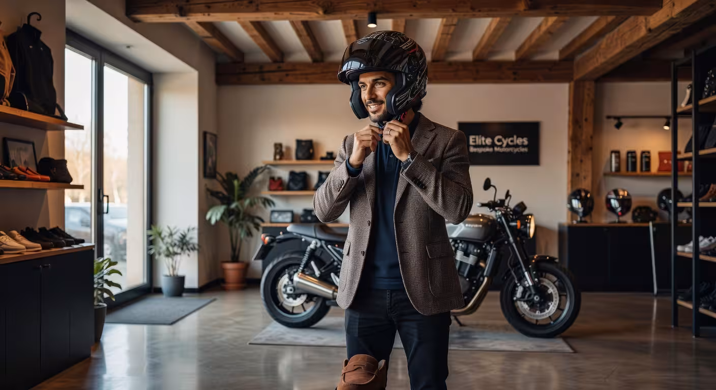 Motorista probándose casco de moto en tienda especializada verificando el ajuste perfecto