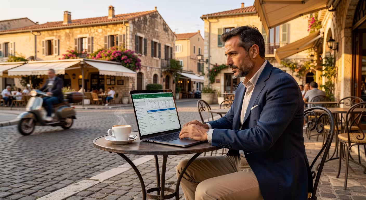 Hombre trabajando con portátil en terraza de café con arquitectura mediterránea de fondo