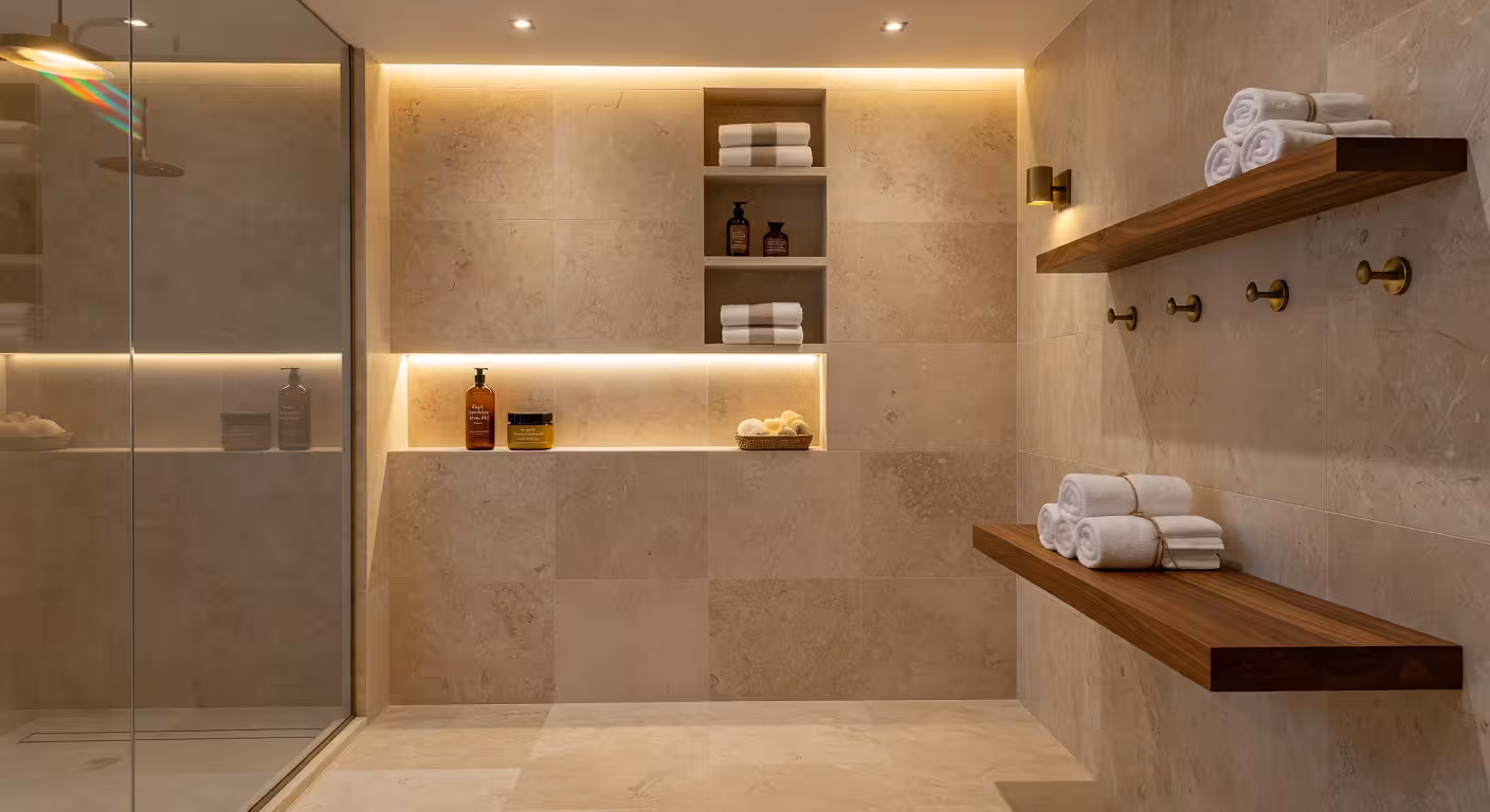 Cómo organizar el baño: 10 estrategias de diseño para crear tu refugio personal Baño tipo spa con hornacinas empotradas y estanterías flotantes organizadas