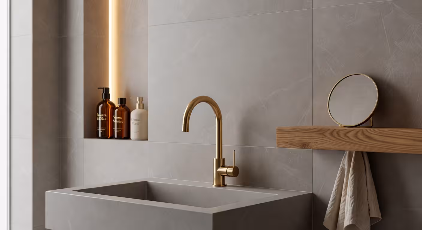 Cómo darle a tu baño un aspecto de lujo sin arruinarte Detalle de grifería de latón cepillado y porcelánico de gran formato en baño de diseño