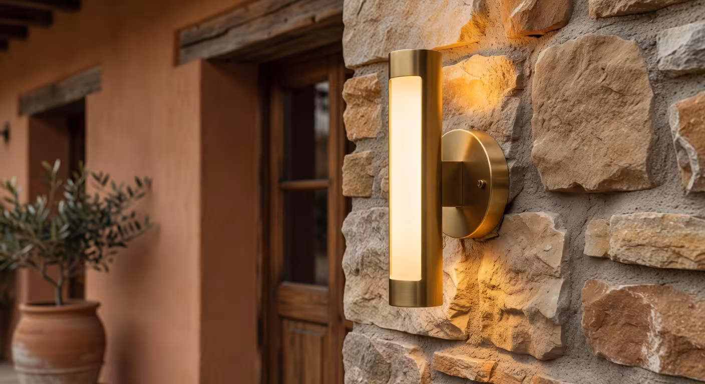 Aplique exterior premium de latón cepillado con tecnología LED inteligente montado en pared de piedra