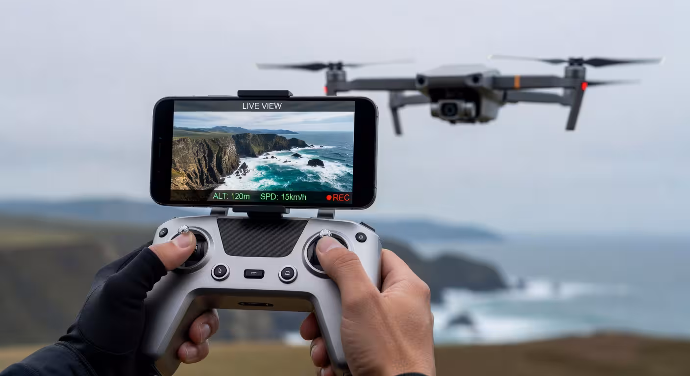Control remoto de drone profesional con pantalla mostrando vista aérea en tiempo real