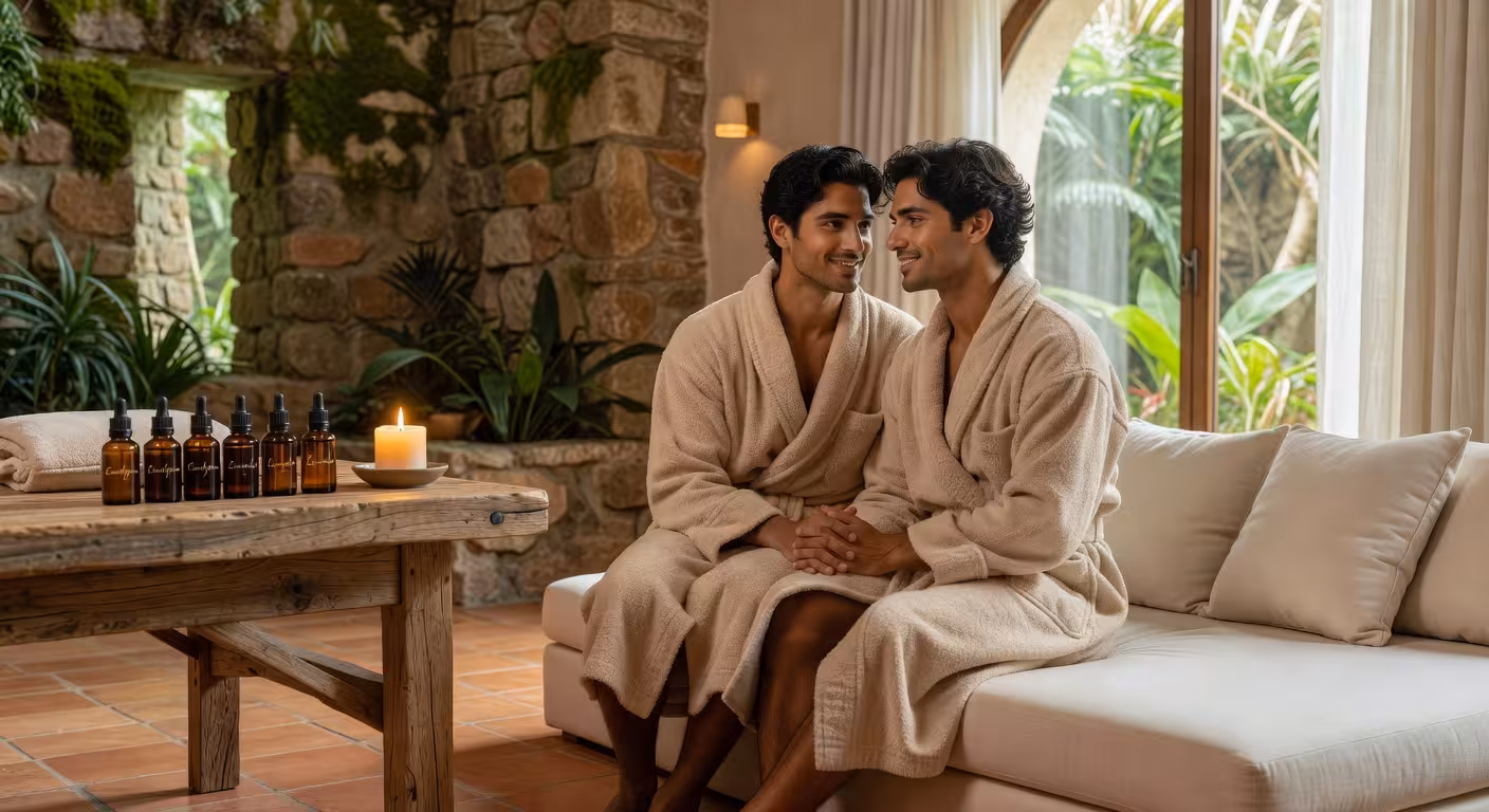 Pareja disfrutando de experiencia de spa y bienestar romántica en hotel de lujo
