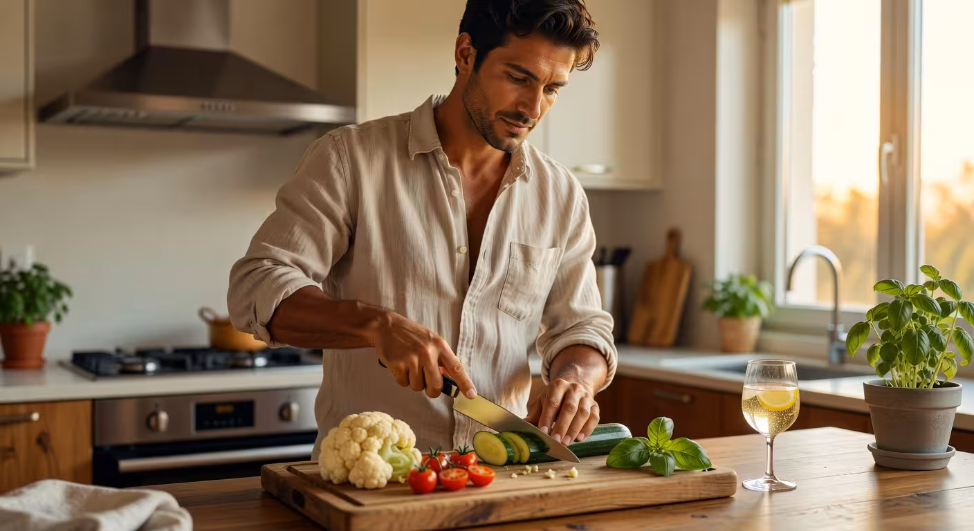 Hombre preparando comida saludable keto con vegetales frescos en cocina moderna