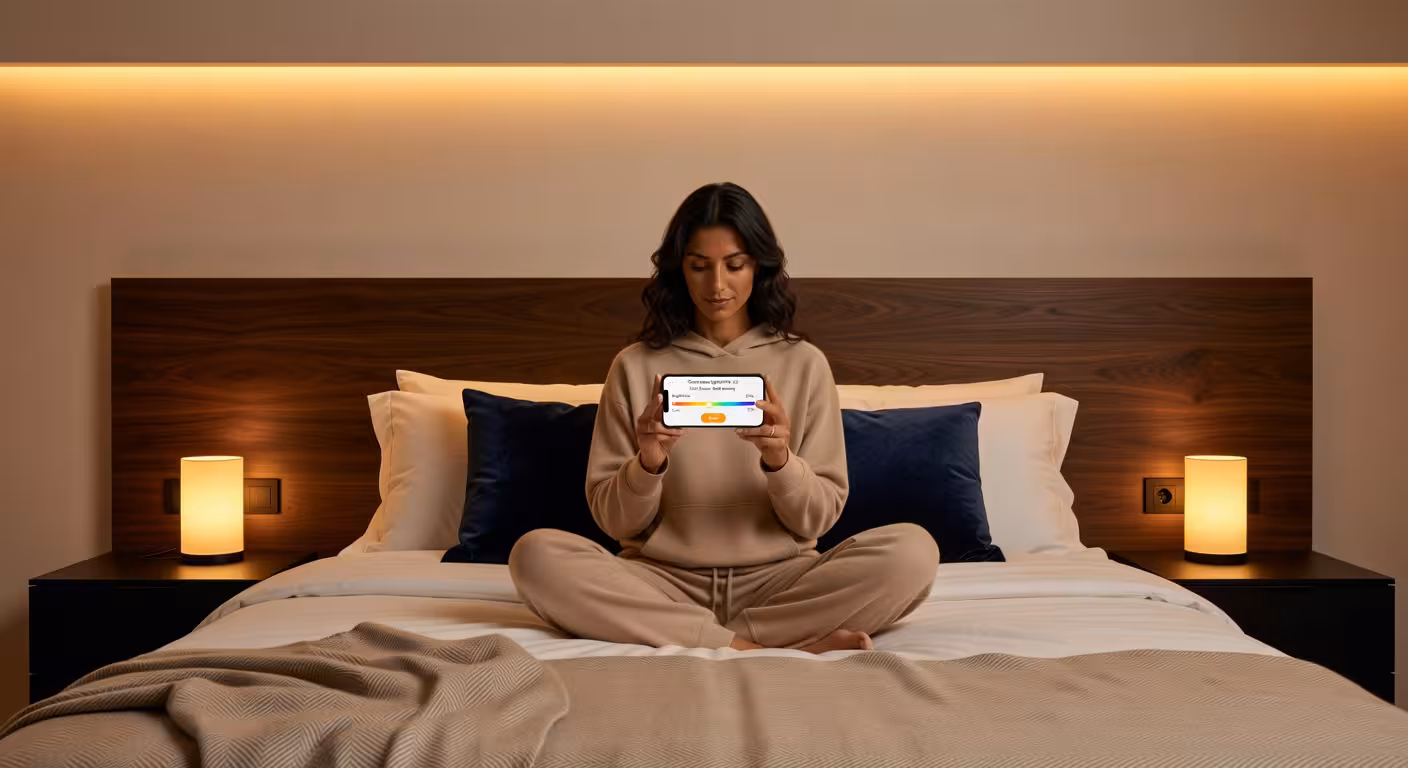 Dormitorio de lujo con sistema de iluminación inteligente cálida y control por móvil