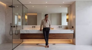 Baño contemporáneo con iluminación estratégica mediante apliques laterales en espejo y luz cenital difusa