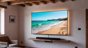 Convierte tu salón en la sala de televisión ideal Televisor premium montado a altura ergonómica ideal con sistema de iluminación ambiental