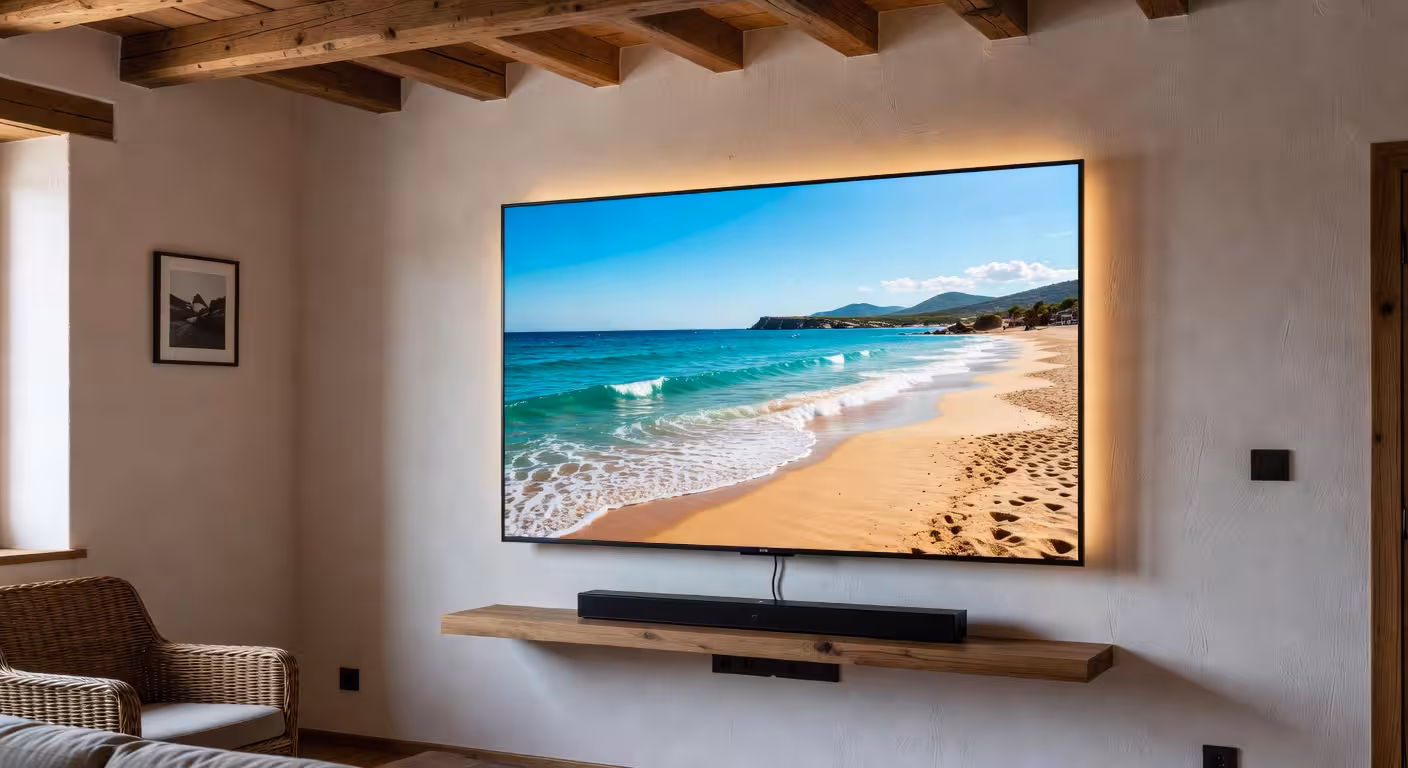 Convierte tu salón en la sala de televisión ideal Televisor premium montado a altura ergonómica ideal con sistema de iluminación ambiental
