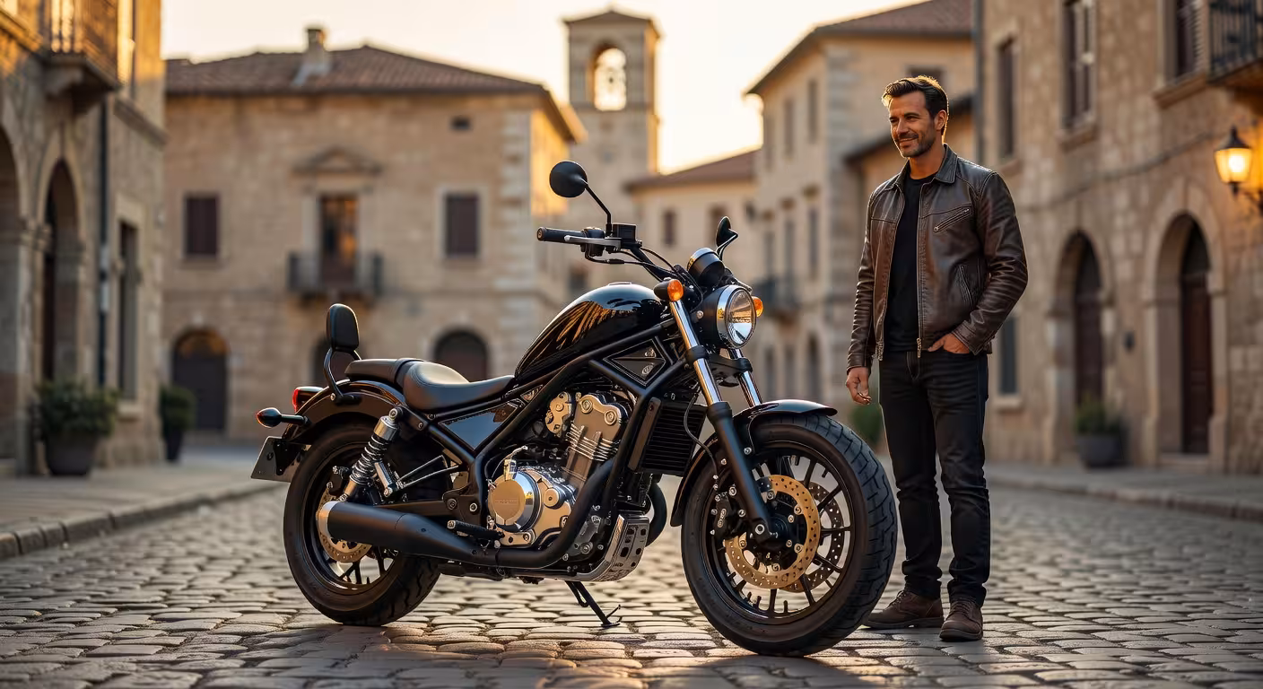 Honda Rebel 500 aparcada en calle empedrada europea al atardecer con motociclista admirando la moto