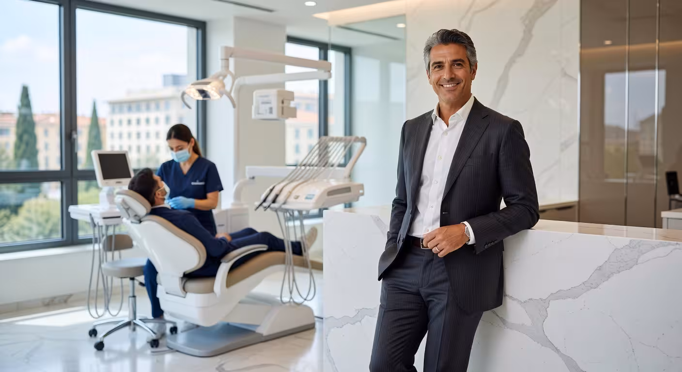 Hombre sonriendo en clínica dental moderna con tecnología avanzada