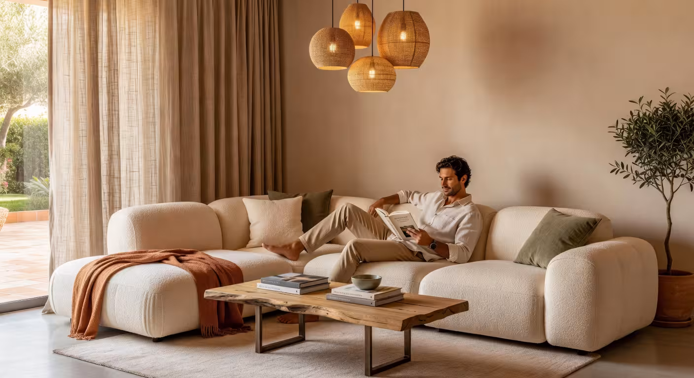 Salón de lujo con sofá modular de gran formato estilo nube, iluminación por capas y texturas naturales creando ambiente acogedor