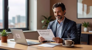 Hombre revisando documentación de seguro de hogar y protección de contenido