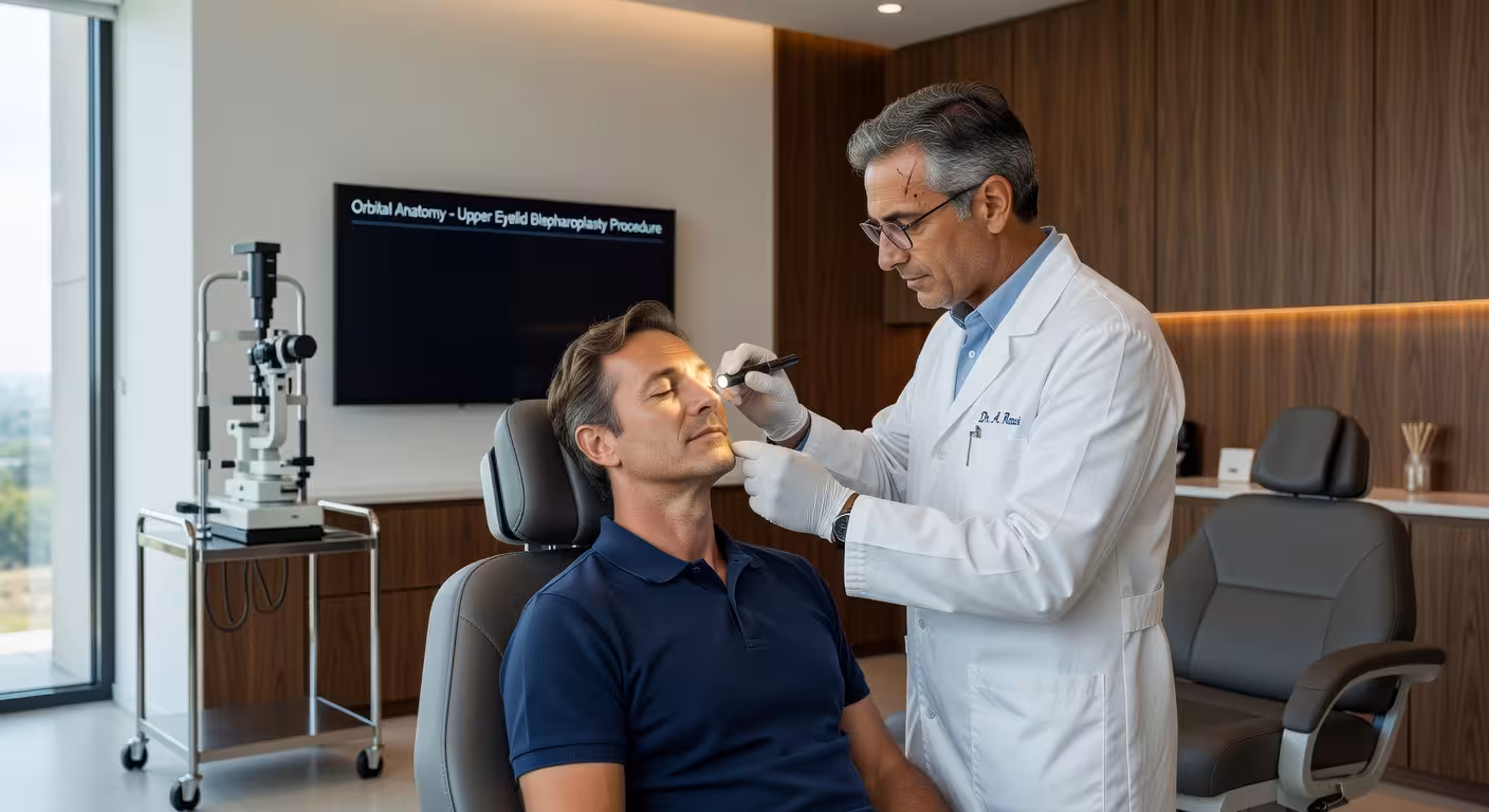 Consulta médica de blefaroplastia con cirujano plástico examinando párpados del paciente