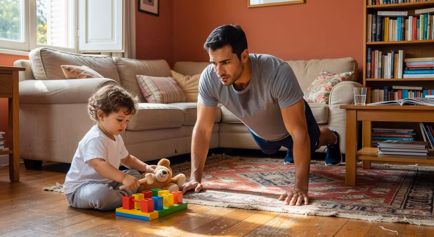 Padre haciendo ejercicio en casa mientras su hijo pequeño juega cerca