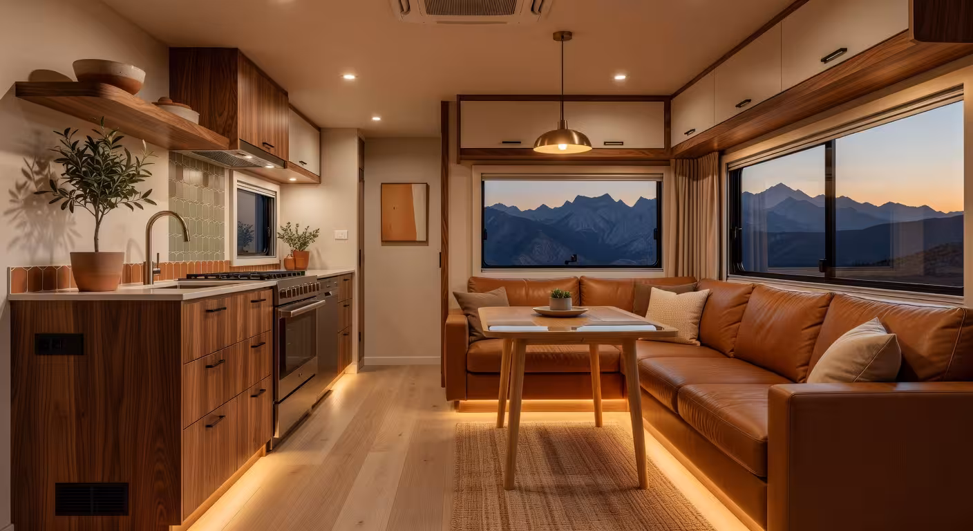 Interior moderno y lujoso de autocaravana premium con cocina equipada y zona de estar confortable