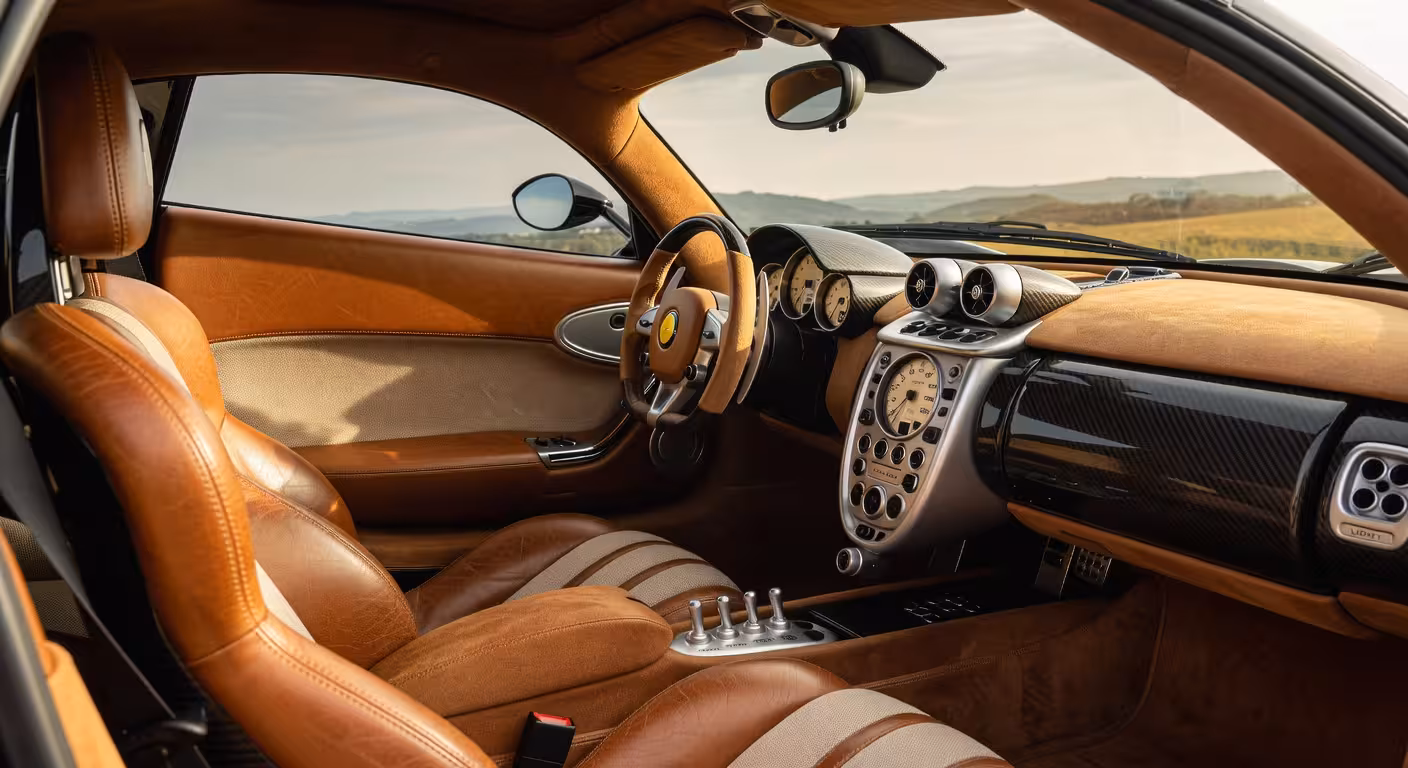 Interior artesanal del Pagani Huayra Codalunga con asientos de gamuza envejecida y detalles en fibra de carbono