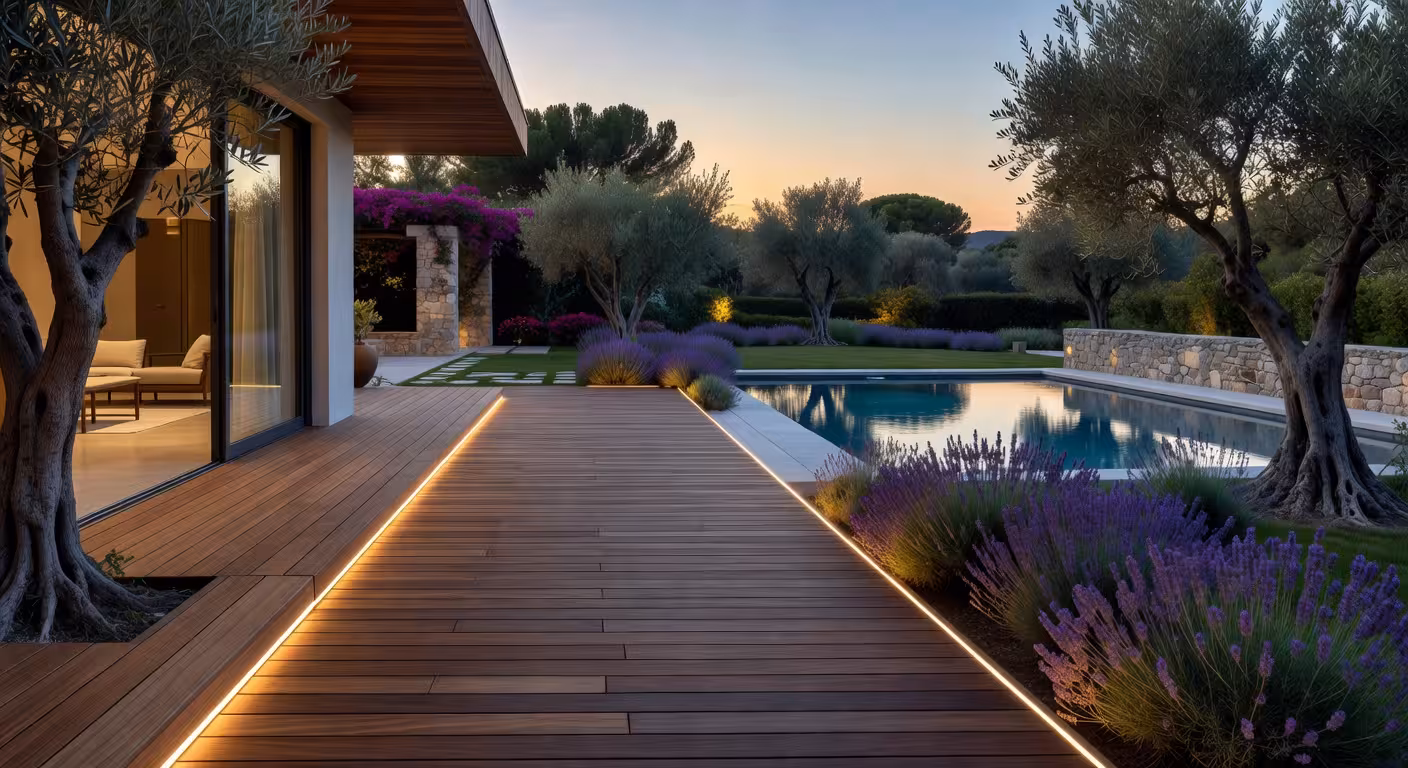 Pasarela de tarima de madera moderna con iluminación LED integrada conectando casa contemporánea con jardín