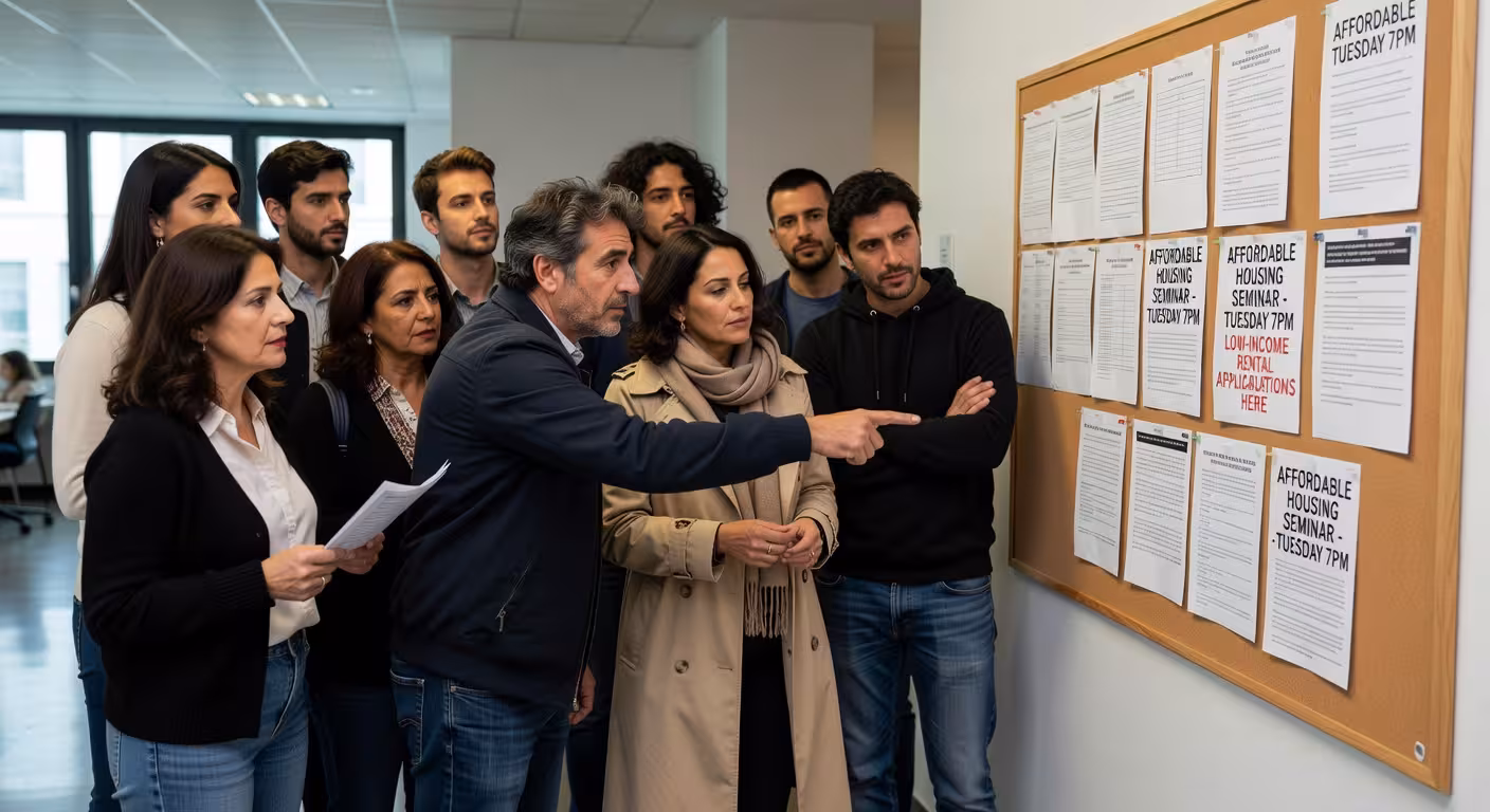 Familias europeas consultando información sobre vivienda asequible en centro comunitario