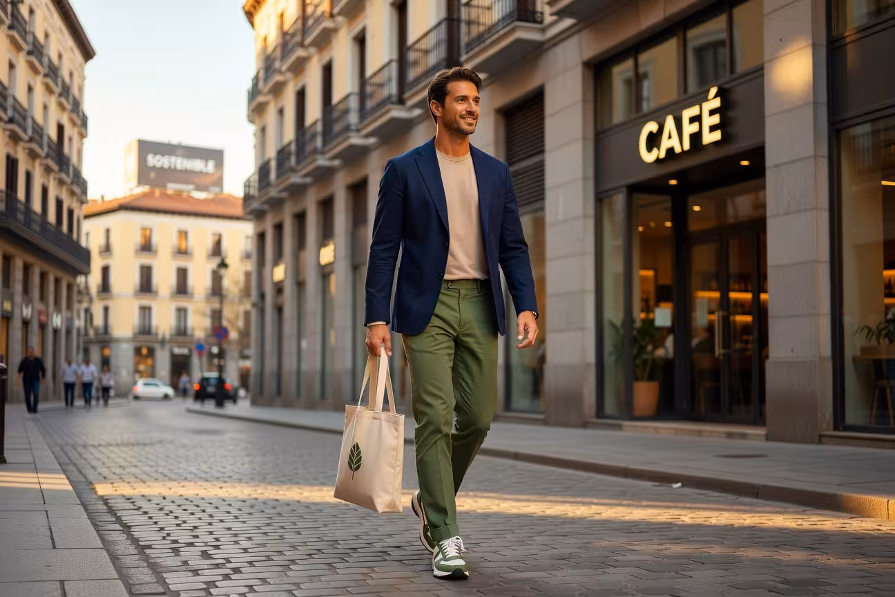 Hombre europeo del sur vistiendo zapatillas sostenibles caminando por calle urbana moderna con outfit de lujo consciente