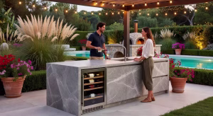 La elegancia de la cocina al aire libre: tendencias y diseño premium Isla de cocina exterior premium con encimera de piedra natural y estación de bebidas integrada en jardín de diseño