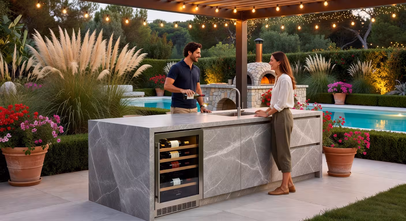 Isla de cocina exterior premium con encimera de piedra natural y estación de bebidas integrada en jardín de diseño
