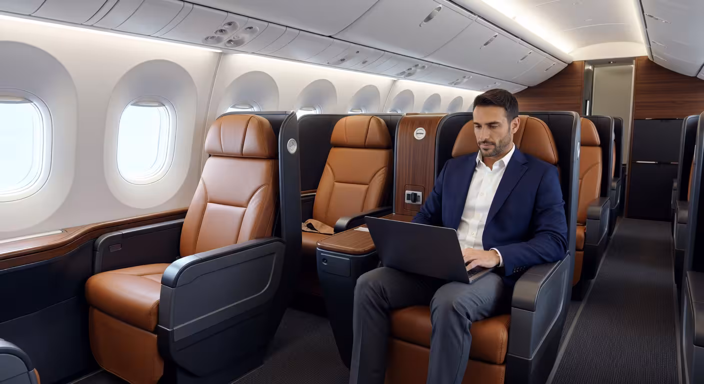 Interior de la cabina de un avión JSX con asientos de cuero espaciosos y configuración semiprivada