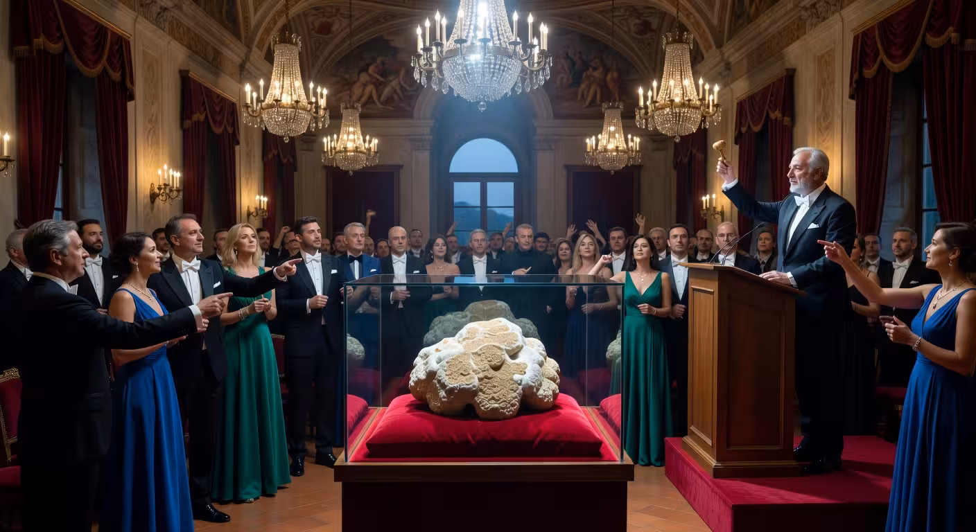 Subasta internacional de trufas blancas en castillo italiano con compradores elegantes