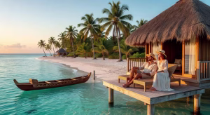 Cabaña sobre el agua en las paradisíacas Islas San Blas de Panamá con aguas cristalinas color turquesa