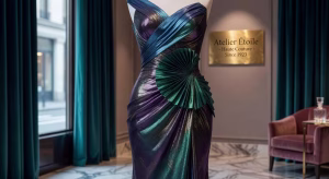 Vestido de diseñador de lujo con drapeados arquitectónicos en boutique exclusiva
