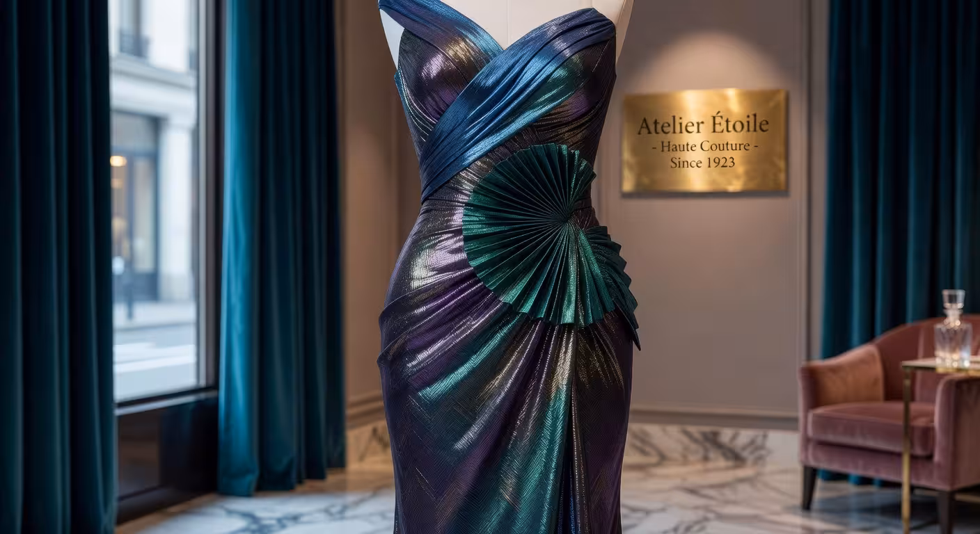 Vestido de diseñador de lujo con drapeados arquitectónicos en boutique exclusiva