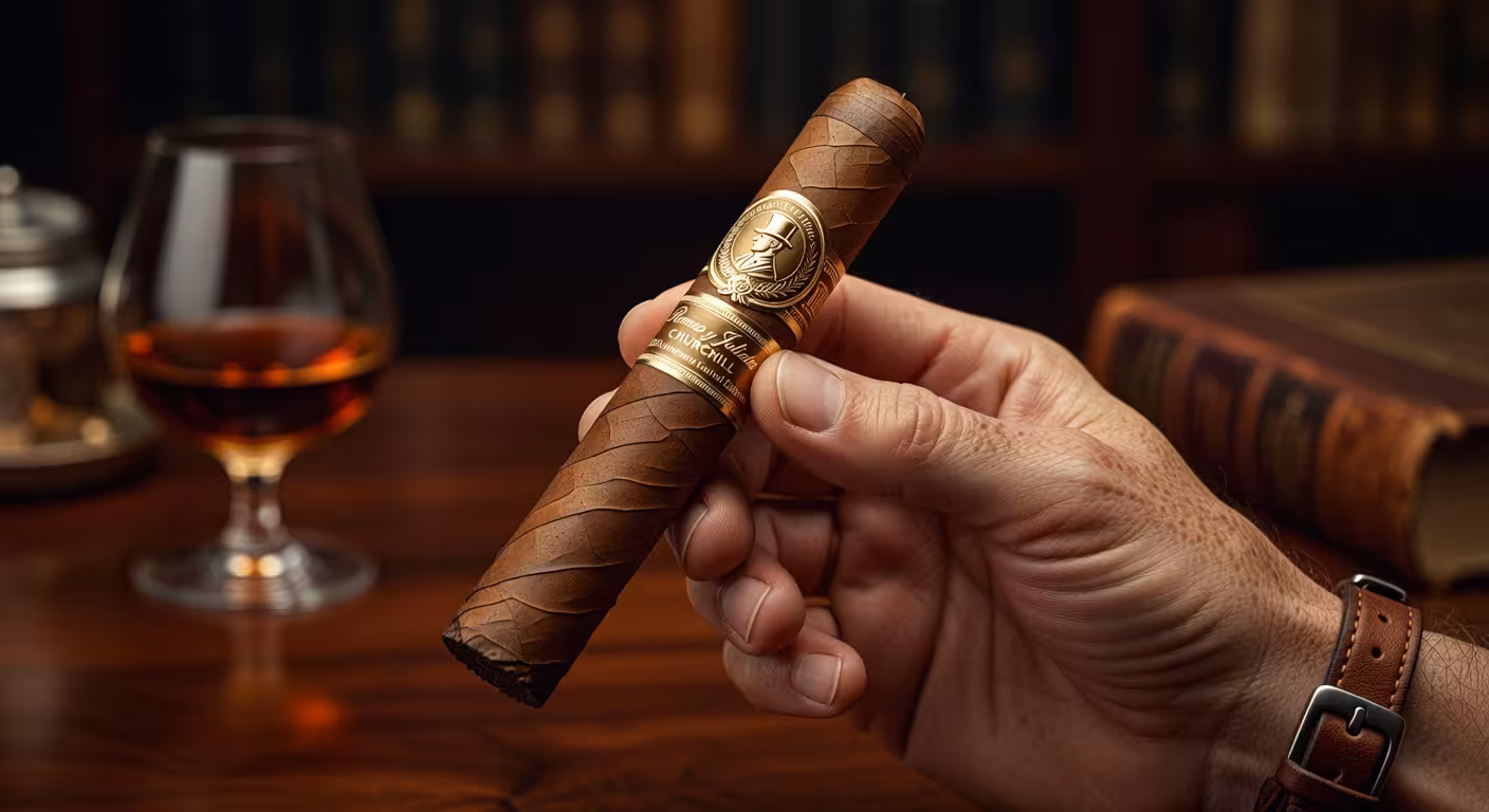 Detalle de puro Romeo y Julieta Churchill con anillo dorado del 150 aniversario sostenido por mano masculina