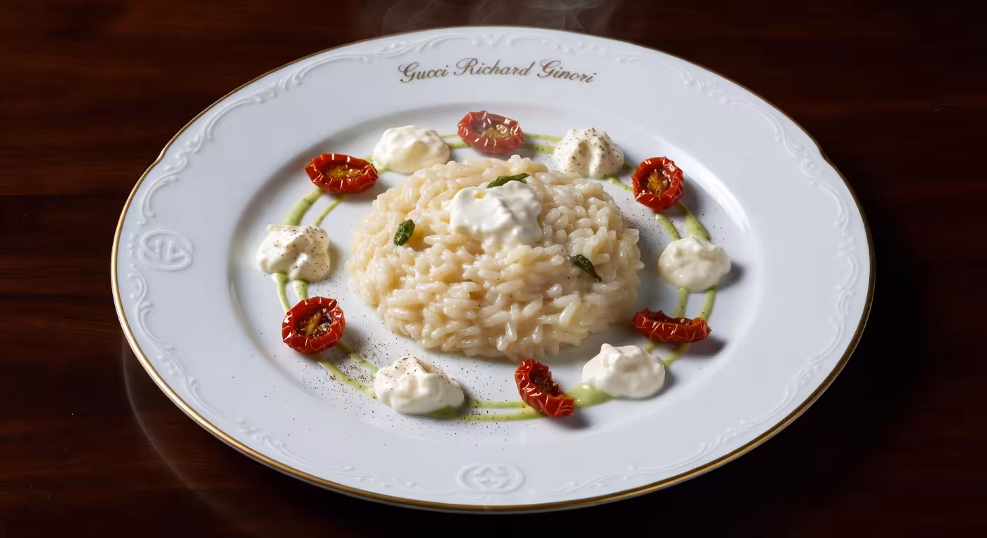 Risotto Camouflaged as Pizza, el plato icónico de Mattia Agazzi en Gucci Osteria Beverly Hills, presentado en vajilla de lujo Richard Ginori