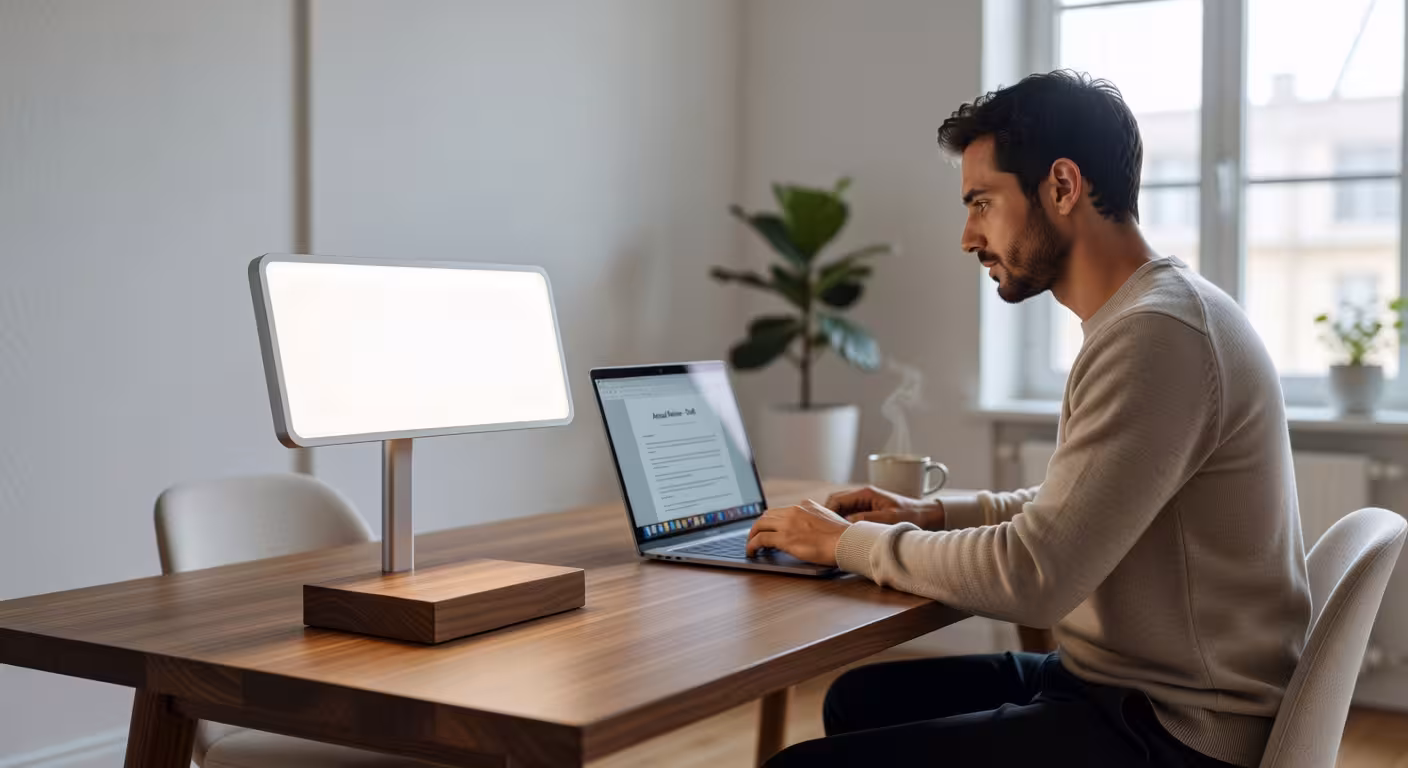 Lámpara de terapia de luz SAD en escritorio elegante de oficina en casa moderna durante rutina matutina