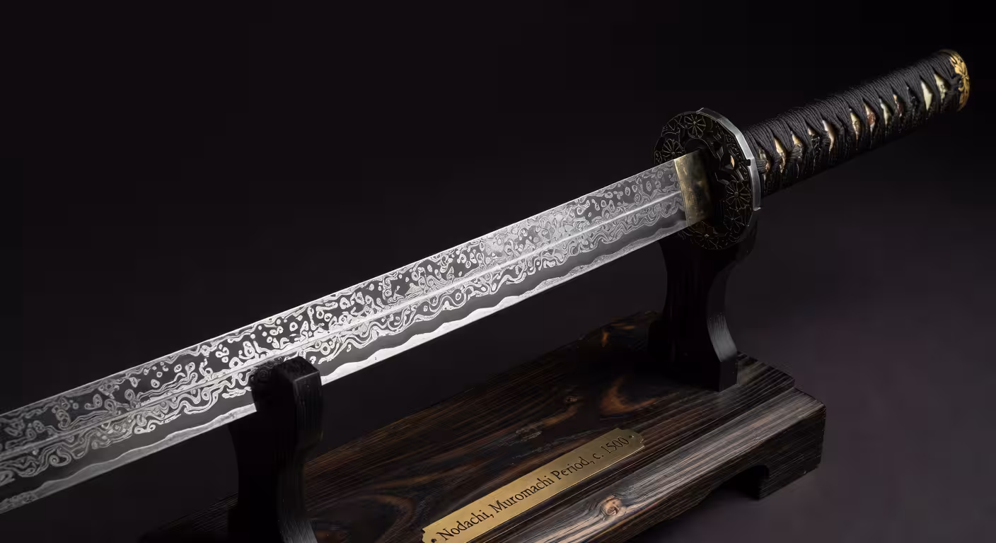 Detalle de hoja de espada Nodachi auténtica mostrando patrón de acero damasco y línea de temple hamon