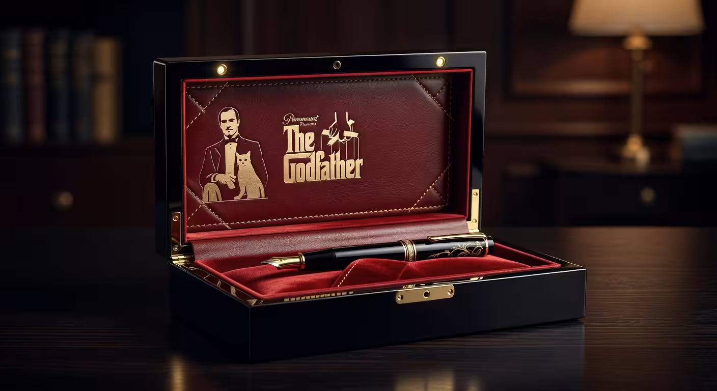 Caja de presentación de lujo de la pluma Jacob & Co. El Padrino con grabado del póster de la película