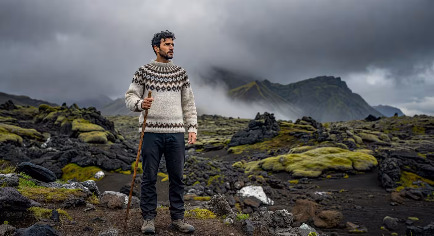 Hombre vistiendo jersey lopapeysa islandés en paisaje volcánico de Islandia