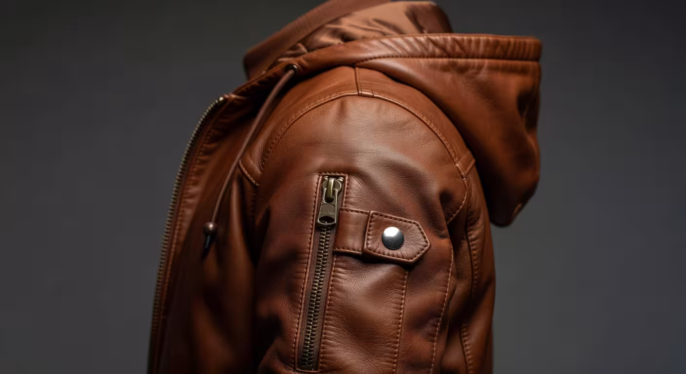 Detalle de chaqueta bomber de cuero marrón con capucha desmontable mostrando textura y acabados premium