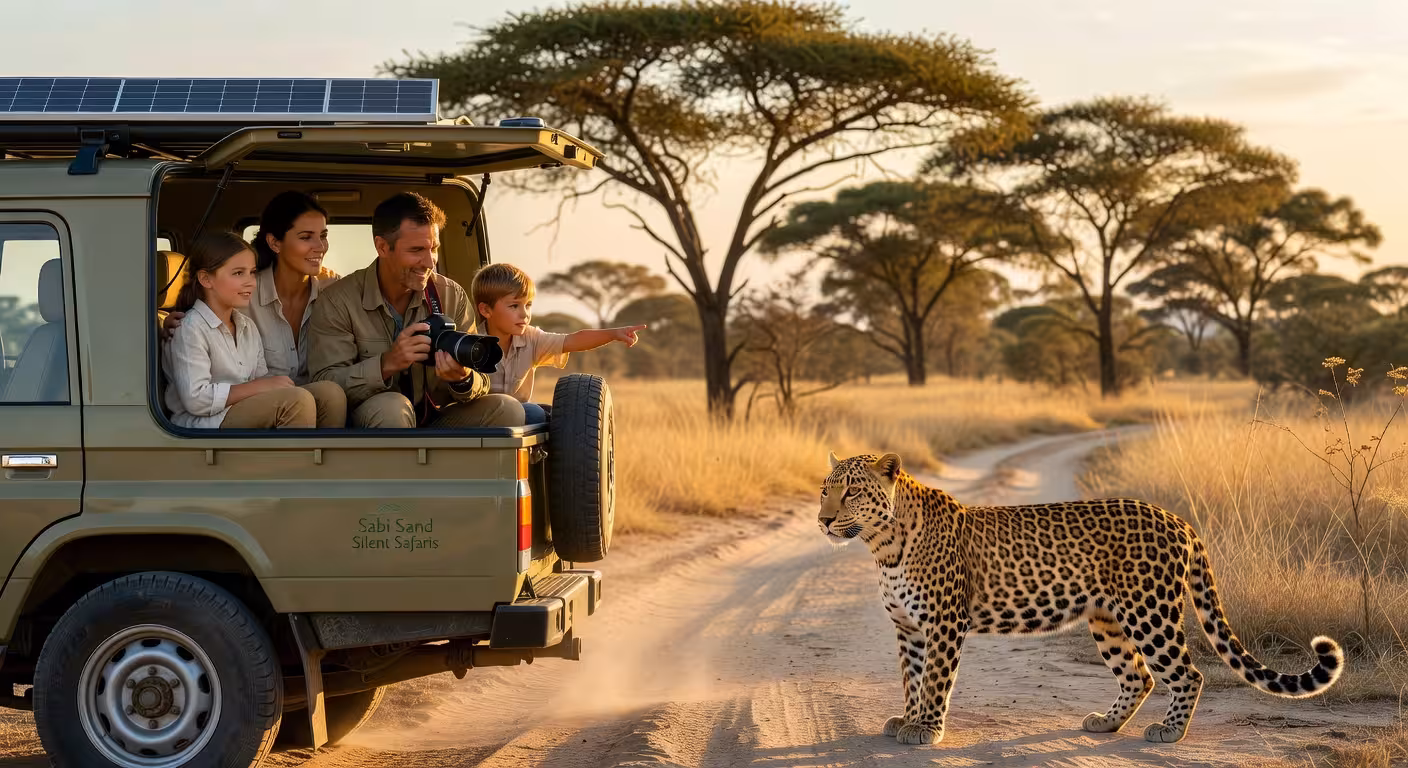 Vehículo safari eléctrico silencioso en Cheetah Plains durante avistamiento de leopardo en Sabi Sand
