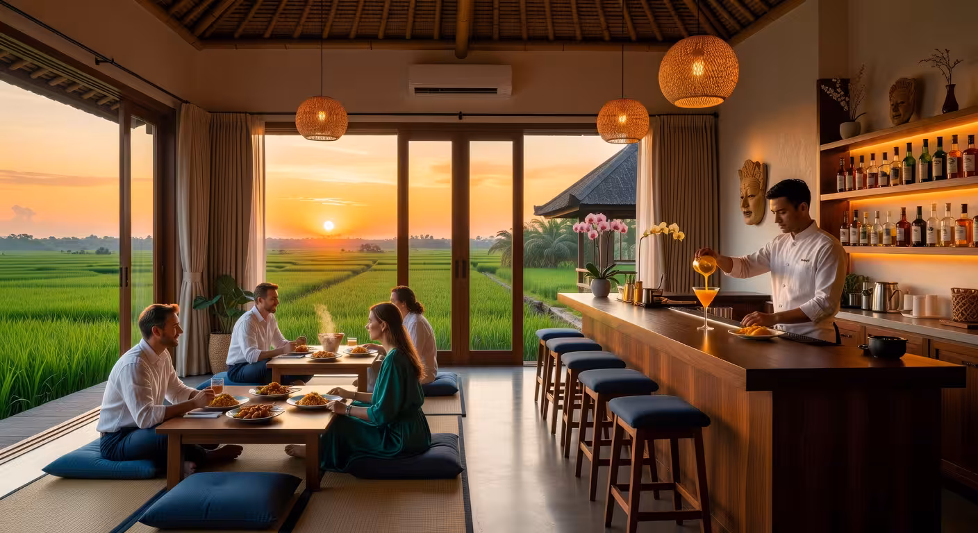 Restaurante Tatami en Kuwarasan con asientos tradicionales japoneses y vistas a los arrozales balineses