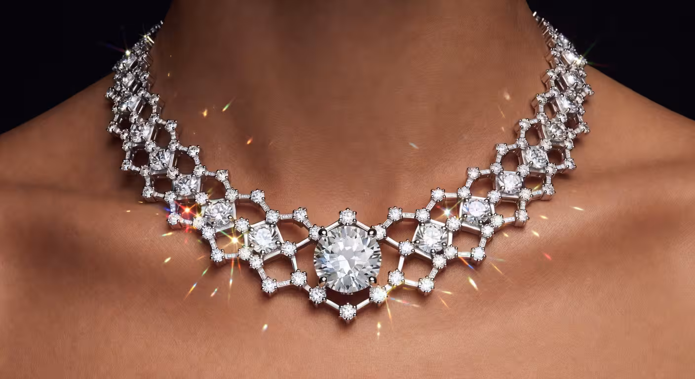 Detalle del collar Atomique de la colección The Alchemist of Light de De Beers con diamante central de 18,57 quilates