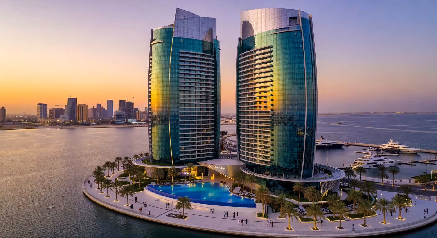 Vista aérea de las torres gemelas Onyx Bahrain Bay en el distrito de lujo de Bahrain Bay