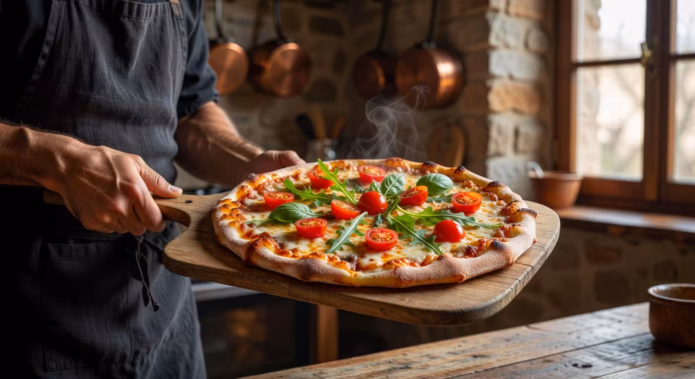 Pizza vegana casera con queso mozzarella vegano fundido, albahaca fresca, tomates cherry y rúcula sobre pala de madera en cocina cálida