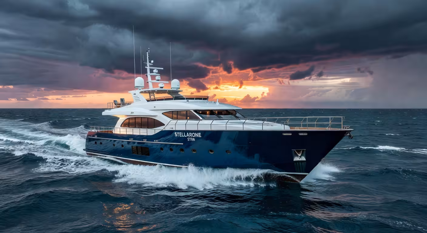 Yate explorador StellarONE ST88 de 27 metros navegando en mar abierto con diseño de timonera elevada