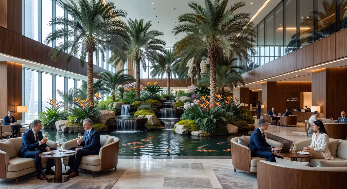 Salón Al Mourjan Business Lounge The Garden en el Aeropuerto de Doha con jardín tropical interior y viajeros disfrutando de las instalaciones premium