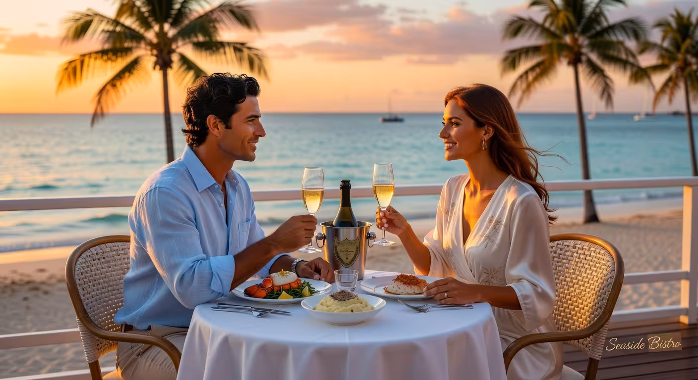 Pareja disfrutando de una cena romántica en un restaurante de lujo frente al mar en Nassau Paradise Island durante la puesta de sol