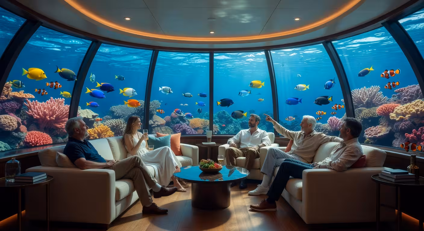 Cantharus: el superyate de 69 metros con salón submarino que redefine el lujo náutico Interior del salón submarino del yate Cantharus con vistas panorámicas al océano y vida marina