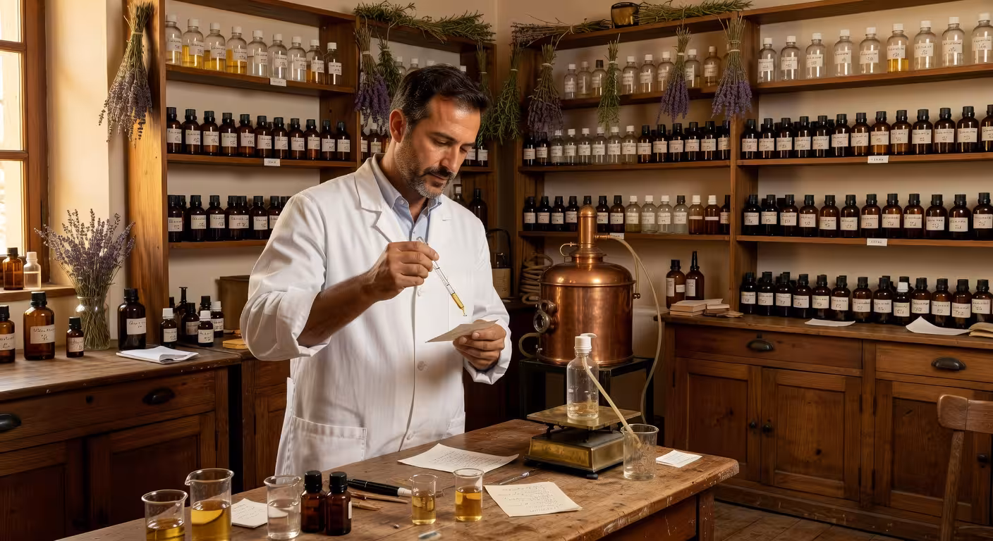 Laboratorio de perfumería artesanal en Grasse con perfumista creando fragancias de alta calidad